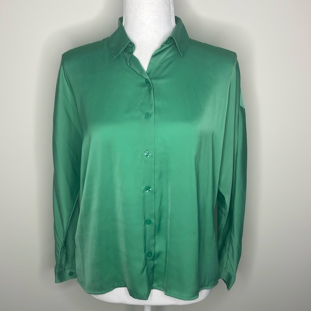 LOFT Green Long Sleeve Boxy Button Down Shirt
